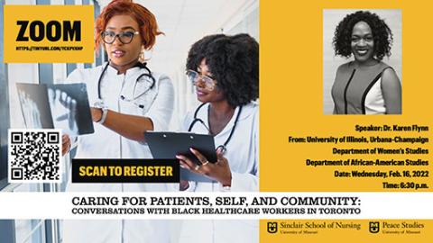 Flyer used for Peace Studies Speakers' Series on topic of Caring for Patients, Self, and Community